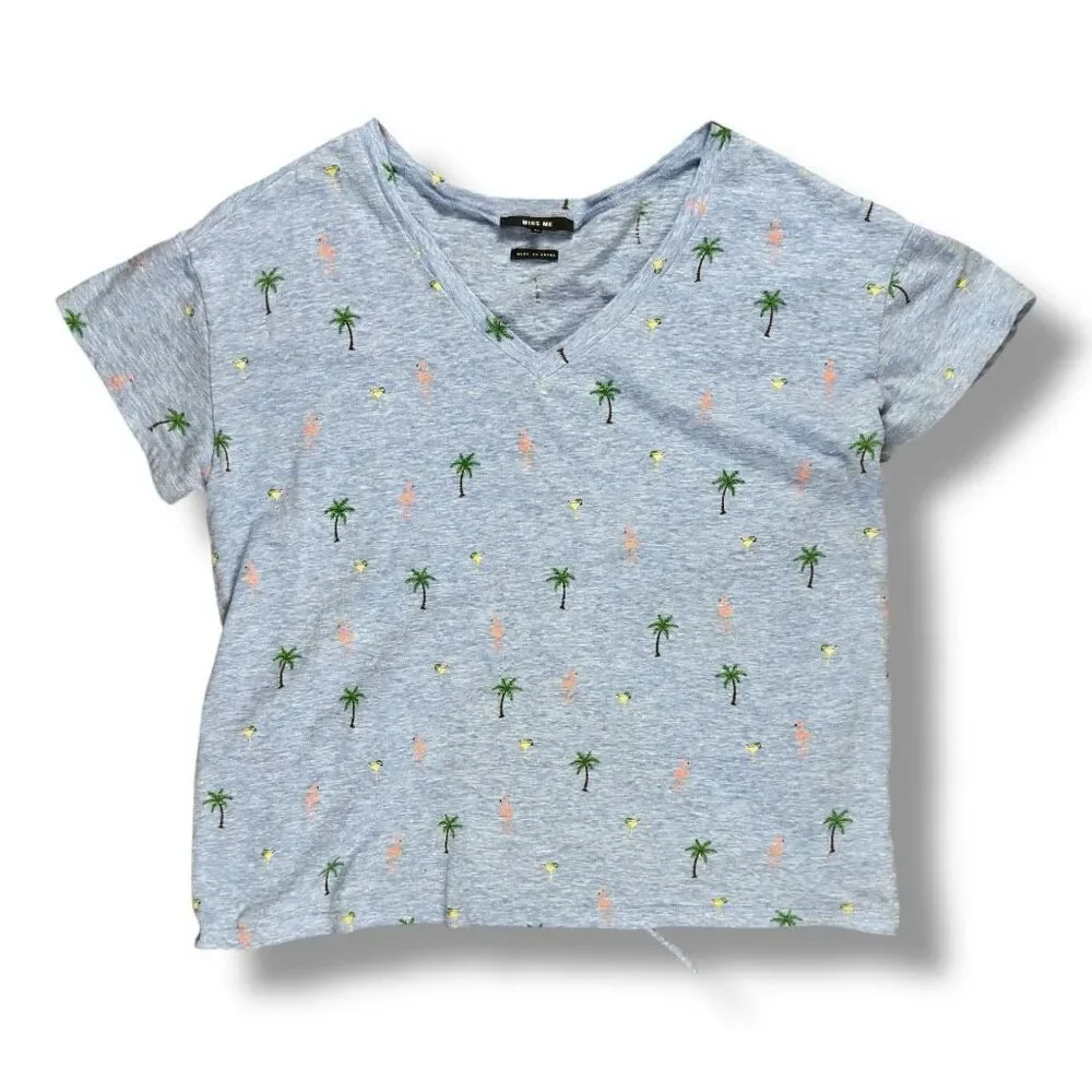 Miss Me Tropical Palm Flamingo Lace-Up Back Tee Gray Blue Medium - Picture 2 of 9